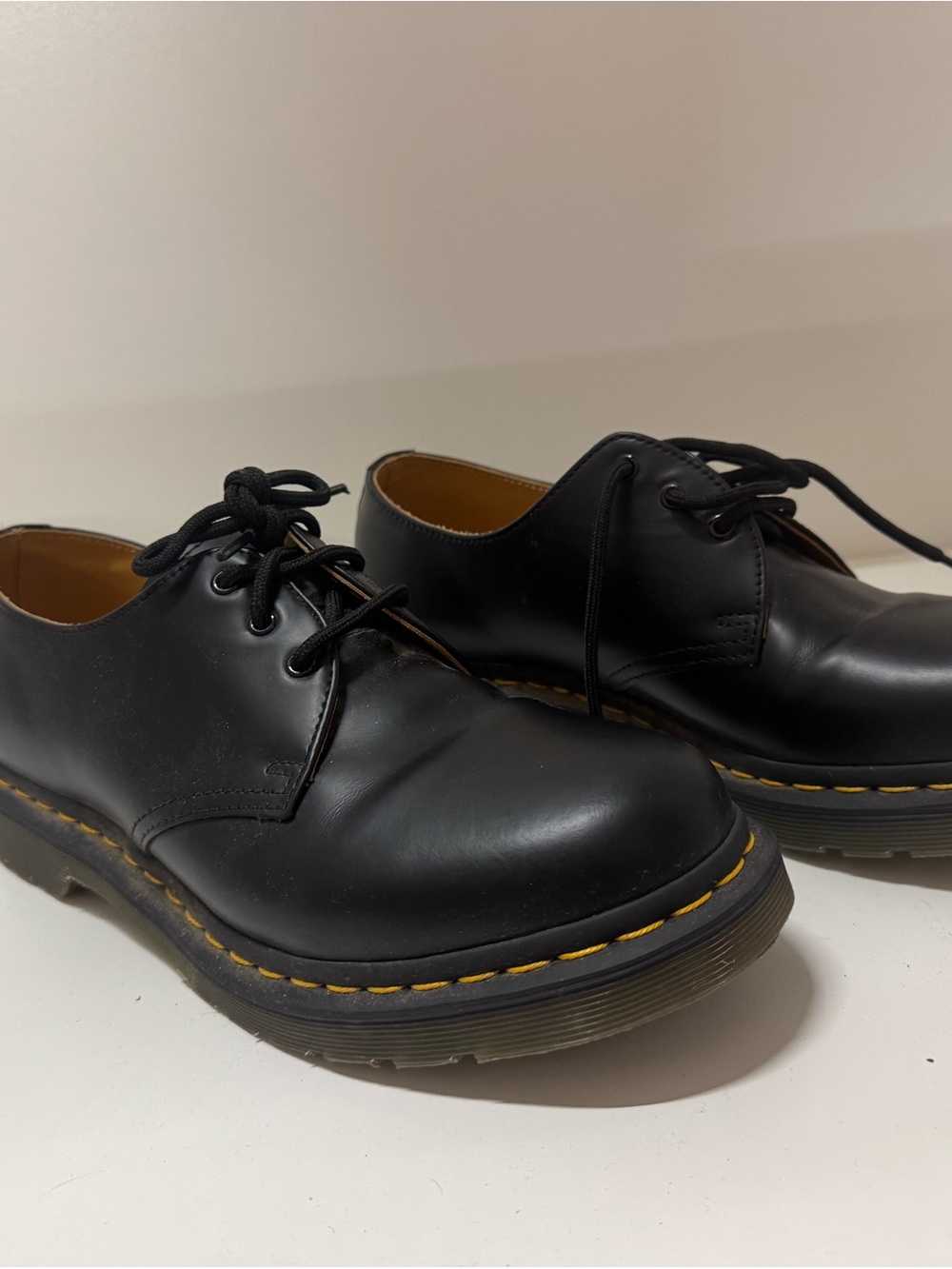 Dr. Martens Black Leather 3-Eye Derby Shoes with Yellow Stitching
